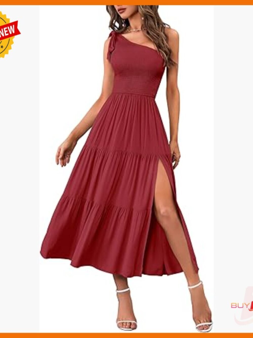 One Shoulder Knot Midi Dress Smocked Bodice Side Split Formal Cocktail